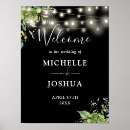 Greenery Lights Black Wedding Willkommenszeichen Poster