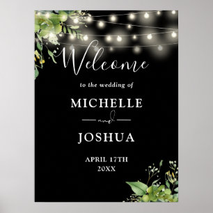 Greenery Lights Black Wedding Willkommenszeichen Poster