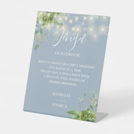 Greenery Lights Dusty Blue Jenga Wedding Gästebuch Sockelschild