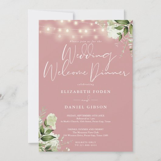 Greenery Lights Dusty Rose Wedding Welcome Dinner Einladung (Vorderseite)
