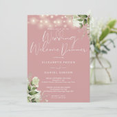 Greenery Lights Dusty Rose Wedding Welcome Dinner Einladung (Stehend Vorderseite)
