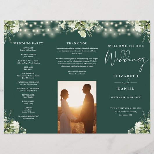 Greenery Lights Emerald Trifold Wedding Program Flyer (Vorne)