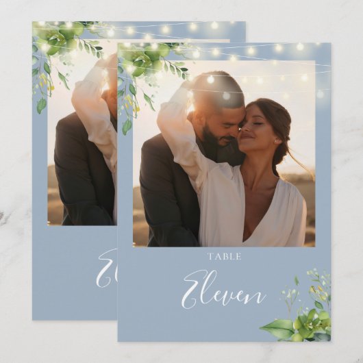 Greenery Lights Foto Dusty Blue Tischnummer (Vorne/Hinten)
