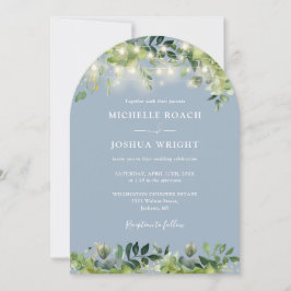 Greenery Lights Monogram Dusty Blue Wedding Einladung