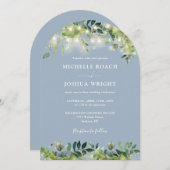 Greenery Lights Monogram Dusty Blue Wedding Einladung (Vorne/Hinten)