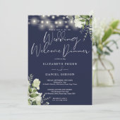 Greenery Lights Navy Blue Wedding Welcome Dinner Einladung (Stehend Vorderseite)