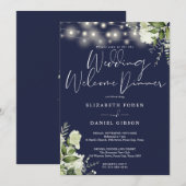 Greenery Lights Navy Blue Wedding Welcome Dinner Einladung (Vorne/Hinten)