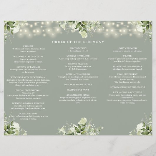 Greenery Lights Sage Green Trifold Wedding Program Flyer (Hinten)