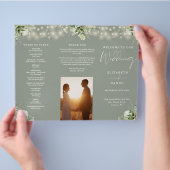 Greenery Lights Sage Green Trifold Wedding Program Flyer (Hand)