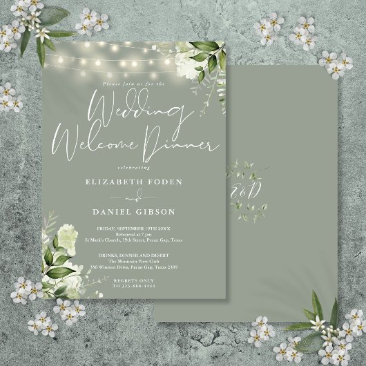 Greenery Lights Sage Green Wedding Welcome Dinner Einladung