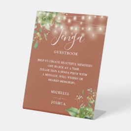 Greenery Lights Terracotta Jenga Wedding Gästebuch Sockelschild