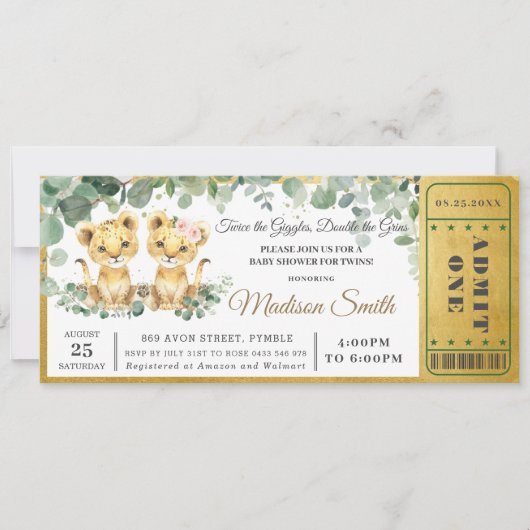 Greenery Lion Twins Boy Girl Baby Shower Ticket Einladung (Vorderseite)