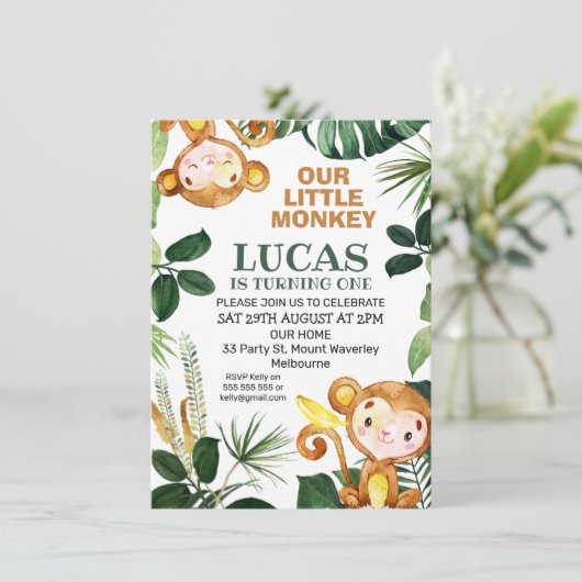 Greenery Little Monkey Boys Geburtstag Einladung (Stehend Vorderseite)