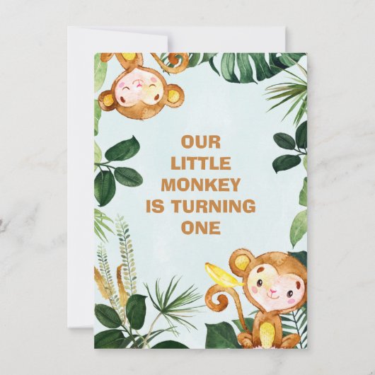 Greenery Little Monkey Boys Geburtstag Einladung (Rückseite)