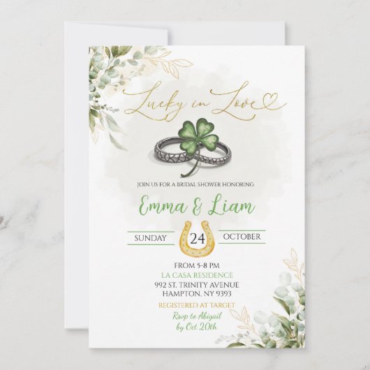 Greenery Lucky In Liebe Kleeblatt Brautparty Einladung (Vorderseite)