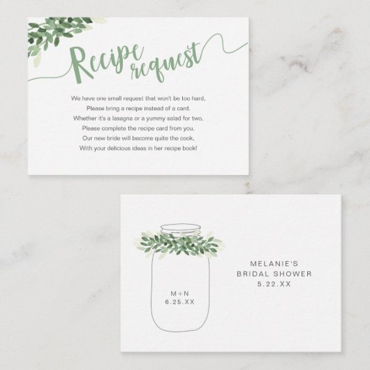 Greenery Mason Jar Brautparty Rezept Anfrage Begleitkarte (Vorne/Hinten)