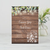 Greenery Mason Jar String Lights Wood Wedding Einladung (Stehend Vorderseite)