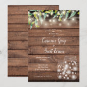 Greenery Mason Jar String Lights Wood Wedding Einladung (Vorne/Hinten)