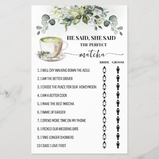 Greenery Matcha He Said She Said Shower Game Card Flyer (Vorne)