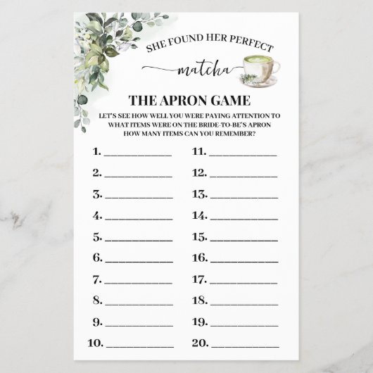 Greenery Matcha The Apron Bridal Shower Game Card Flyer (Vorne)