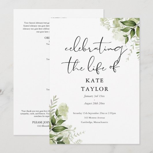 Greenery Memorial Funeral Order Of Service  Programm (Vorne/Hinten)