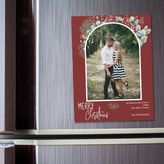 Greenery Merry Christmas Arch Foto Burgundy Magnetkarte