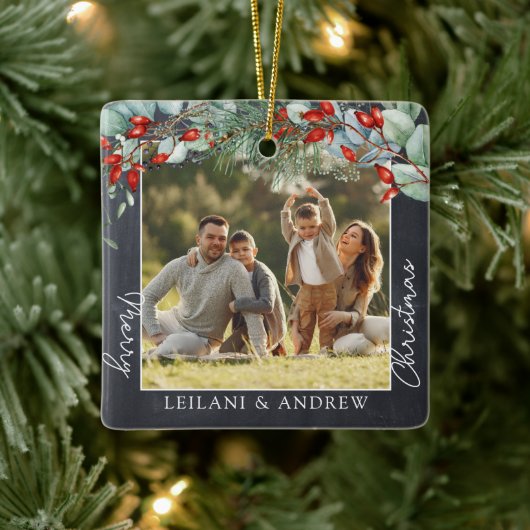 Greenery Merry Christmas Foto Chalkboard Keramikornament (Baum)