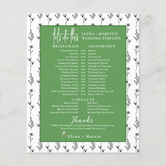 Greenery Minimal Bridal Hochzeitstag Timeline (Vorderseite)