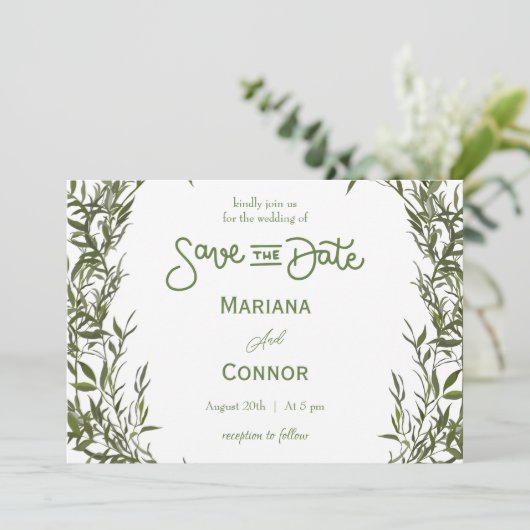 Greenery Minimal Save The Date Invitation Einladung (Stehend Vorderseite)
