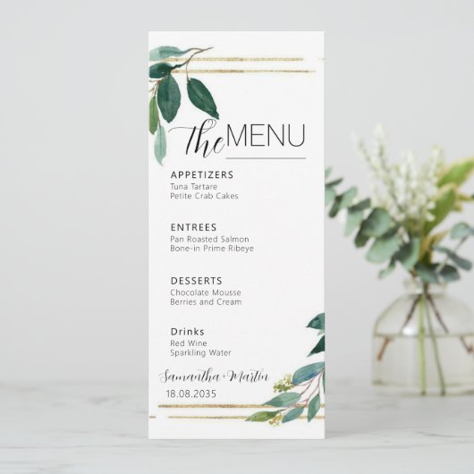 Greenery Minimal Script Wedding Menu Menükarte (Stehend Vorderseite)
