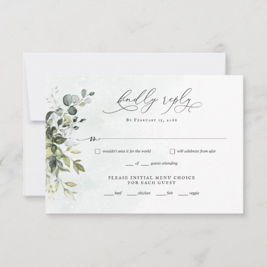Greenery Minimalistisch Script Wedding RSVP Reply (Vorderseite)