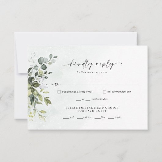 Greenery Minimalistisch Script Wedding RSVP Reply (Vorderseite)