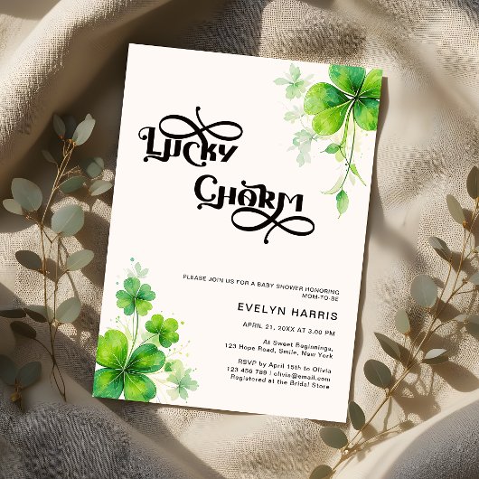 Greenery Modern Lucky Charm Baby Shower Einladung