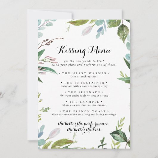 Greenery Modern Wedding Kissing Menu Game Card (Vorderseite)