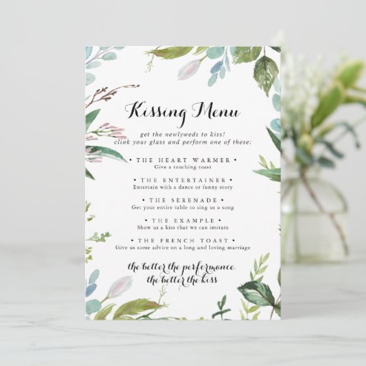 Greenery Modern Wedding Kissing Menu Game Card (Stehend Vorderseite)