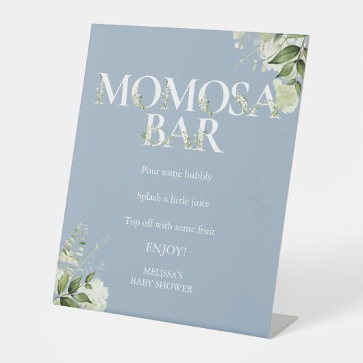 Greenery Momosa Bar Dusty Blue Baby Dusche Sockelschild (Vorderseite)