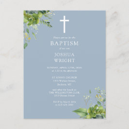 Greenery Monogram Baptism Dusty Blue Einladung Postkarte