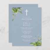 Greenery Monogram Baptism Dusty Blue Einladung Postkarte (Vorne/Hinten)