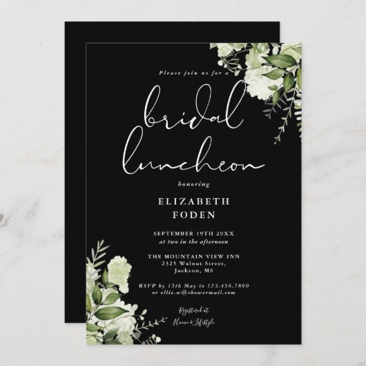 Greenery Monogram Black and White Bridal Luncheon Einladung (Vorne/Hinten)
