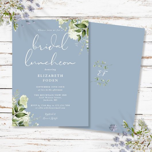Greenery Monogram Dusty Blue Bridal Luncheon Einladung