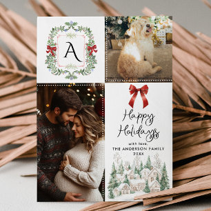 Greenery Monogram Wappen Bow Happy Holidays 2 Foto Feiertagskarte