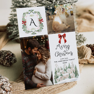 Greenery Monogram Wappen Bow Merry Christmas Foto Feiertagskarte