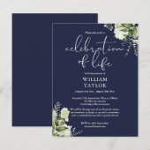 Greenery Navy Blue Celebration of Life Memorial Ankündigungspostkarte (Vorne/Hinten)
