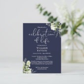 Greenery Navy Blue Celebration of Life Memorial Ankündigungspostkarte (Stehend Vorderseite)