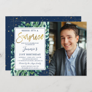 Greenery Navy Blue Gold Überraschung Geburtstags-F Einladung