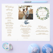 Greenery Navy Gold Trifffalten Hochzeitsprogramme (Einzeln)