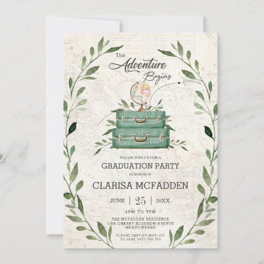 Greenery New Adventure beginnt Journey Abschluss Einladung (Vorderseite)