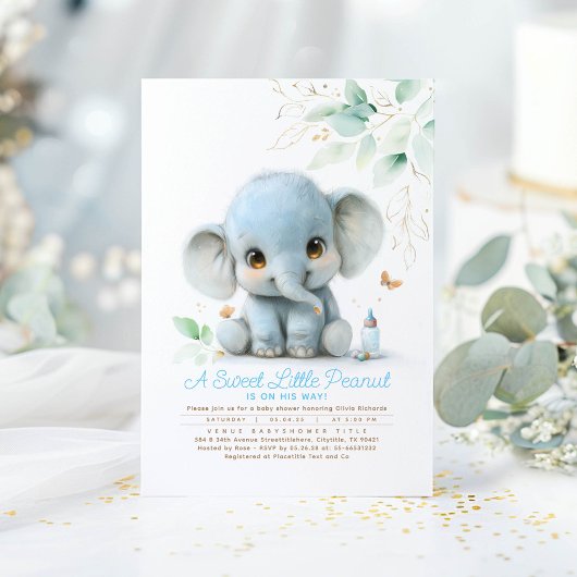Greenery Niedlich Elephant Boy Baby Shower Einladung