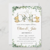 Greenery Niedlich Lion Cubs Twins Boys 1. Geburtst Einladung (Vorderseite)