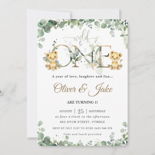 Greenery Niedlich Lion Cubs Twins Boys 1. Geburtst Einladung (Vorderseite)